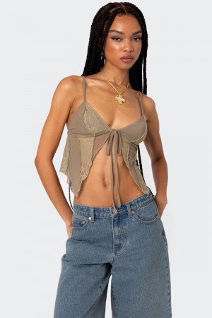 Edikted Patchwork Lacey Mesh Crop Tops Olive | USA XP144154H5