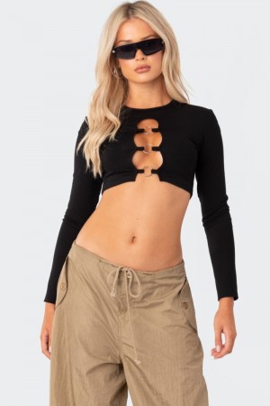 Edikted Patricia Open-Ring Long Sleeve Tops Black | USA FI090459F3