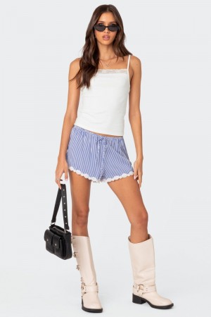 Edikted Patty Striped Lace Trim Shorts Blue And White | USA OR278307A5