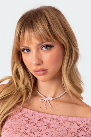 Edikted Pearl Bow Necklaces White | USA LU031053D2