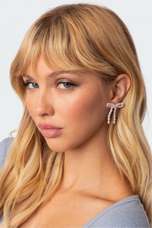 Edikted Pearl Bow Stud Earrings White | USA QW867856S9