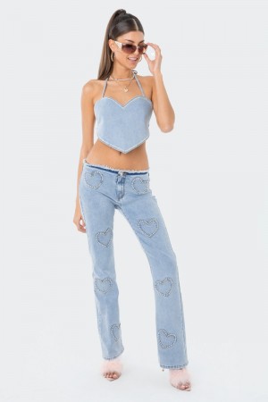 Edikted Pearly Heart Low-Rise Jeans Blue | USA XI698619J3