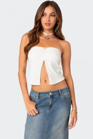Edikted Percy Split Front Pointelle Strapless Tops White | USA NY178887S5