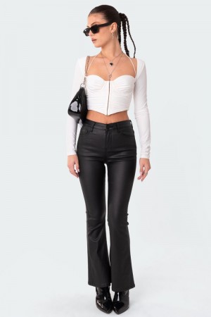 Edikted Petite Luna Faux Leather Flare Jeans Black | USA QX173297L7