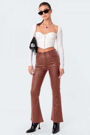Edikted Petite Luna Faux Leather Flare Jeans Black | USA PI452675S3