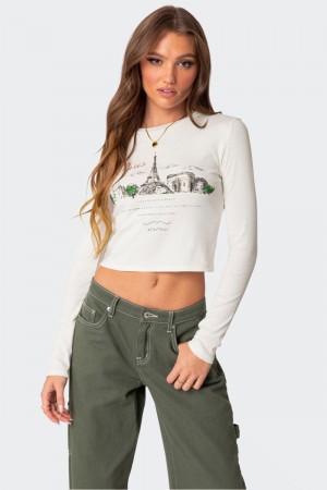 Edikted Phillipa Long Sleeve T Shirt Graphic Tops White | USA CU378477N0