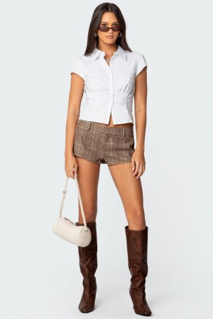 Edikted Phoeby Houndstooth Plaid Shorts Brown | USA BG256245L3