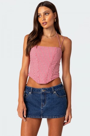 Edikted Pippa Gingham Lace Up Corset Red | USA VK550635O8