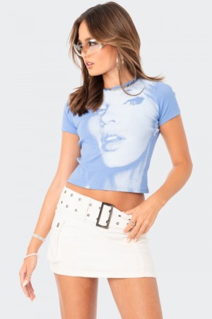 Edikted Pixel Face T-Shirt Graphic Tops Blue | USA QJ472127U2