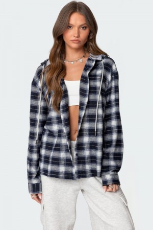 Edikted Plaid Hooded Button Up Shirt Long Sleeve Tops Navy | USA RJ944124Y7