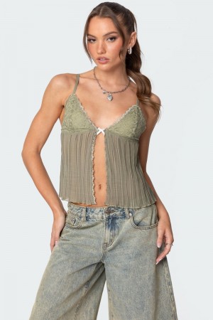 Edikted Pleated Lacey Split Front Tank Top Olive | USA EQ123432M9