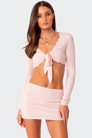 Edikted Pointelle Tie Front Crop Knitted Tops Light Pink | USA HN515771A0