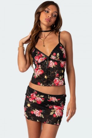 Edikted Portofino Printed Sheer Lace Tank Top Black | USA NK970887A6