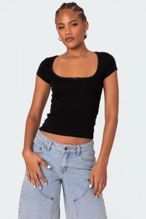 Edikted Priscilla Lace Trim T Shirts Black | USA AX934413G2