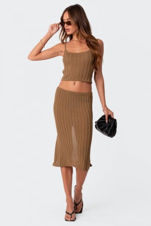 Edikted Quynh Slitted Knit Midi Skirts Olive | USA WO144764C2