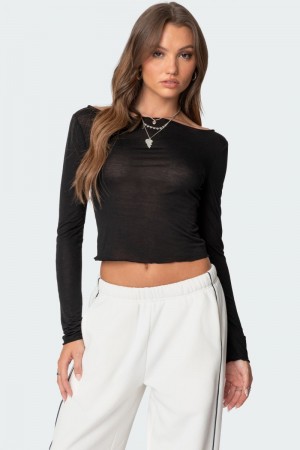Edikted Rach Sheer Boat Neck Long Sleeve Tops Black | USA EM298179F2