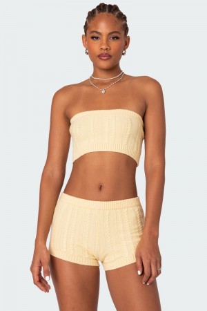 Edikted Raegan Cable Knit Bandeau Strapless Tops Yellow | USA KT010731A9