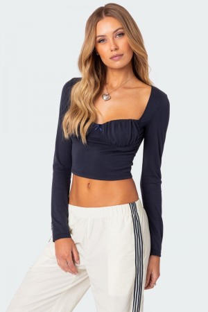Edikted Rain Cupped Long Sleeve Crop Tops Navy | USA LX340764T8