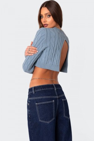 Edikted Raina Open Back Cable Knit Sweater Blue | USA IS513591C2