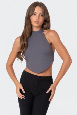 Edikted Raine Curved Halter Crop Tops Cream | USA PK903230W9