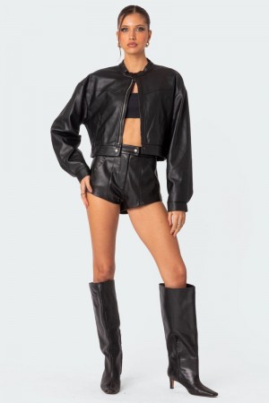 Edikted Ramona High Rise Faux Leather Micro Shorts Black | USA IY122832C8