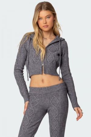 Edikted Ray Cable Knit Hooded Cardigan Burgundy | USA WE213621E3