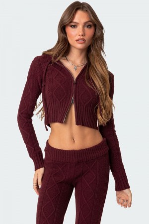 Edikted Ray Cable Knit Hooded Cardigan Burgundy | USA ON706240U4