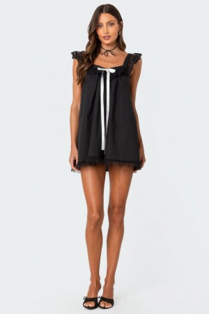Edikted Rayne Lacey Babydoll Mini Dress LBD Black And White | USA YI574237I0