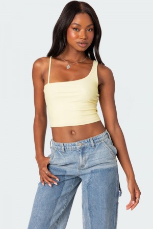 Edikted Reece Asymmetric Strap Crop Tops Yellow | USA EC329272P8
