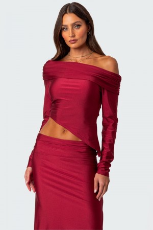 Edikted Reema Shiny Fold Over Long Sleeve Tops Red | USA OI210271H9