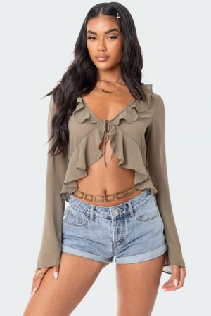 Edikted Reese Chiffon Ruffle Long Sleeve Tops Olive | USA KX050235X5