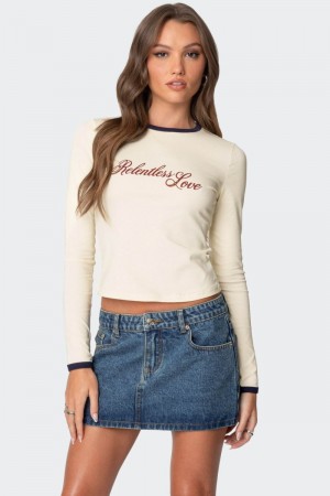 Edikted Relentless Long Sleeve T Shirt Graphic Tops Cream | USA IY669496S9