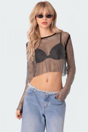 Edikted Rhinestone Fishnet Crop Long Sleeve Tops Silver | USA IB457055Z4