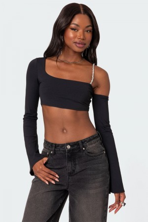 Edikted Rhinestone Strap Asymmetric Crop Long Sleeve Tops Black | USA QQ433163U0