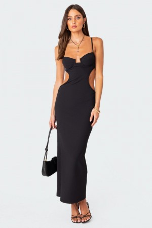 Edikted Ribbed Cut Out Cupped Maxi Dress LBD Black | USA HD501450J8