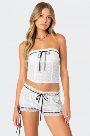 Edikted Ribbon Eyelet Corset Strapless Tops White | USA ZJ903100Z1