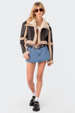 Edikted Ricky Faux Leather Shearling Jackets Brown | USA OL422402R9