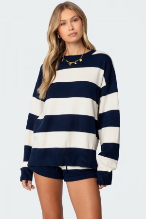 Edikted Riley Oversized Striped Sweater Long Sleeve Tops Burgundy And Cream | USA QV895169Z9