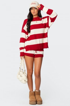 Edikted Riley Striped Knit Shorts Burgundy And Cream | USA CK878167Q3