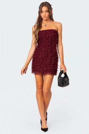 Edikted Rinna Ruffle Mini Dress Burgundy | USA DY195309Y8