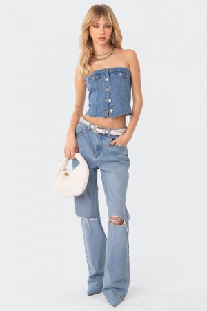 Edikted River Denim Strapless Strapless Tops Blue | USA SG781608Z0