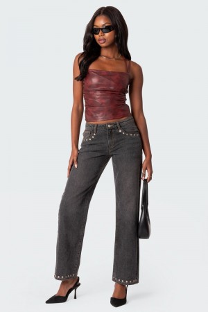 Edikted Rivet Trim Straight Leg Jeans Black Washed | USA ZE016841C7