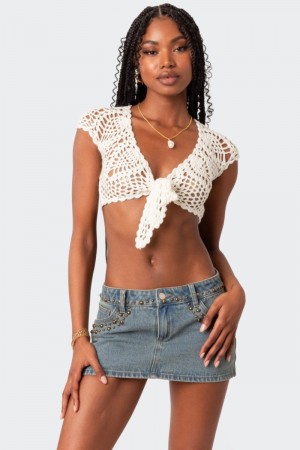 Edikted Rocco Tie Front Crochet Crop Tops Cream | USA SP015161Y1