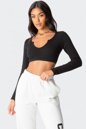 Edikted Romance Ribbed Crop Long Sleeve Tops Black | USA GR846034S2