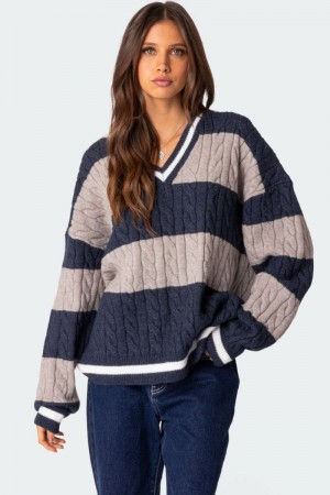 Edikted Romie V Neck Cable Knit Sweater Navy | USA AW659405Y4