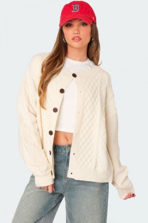 Edikted Rory Oversized Cable Knit Cardigan Long Sleeve Tops Cream | USA GX372957Q5