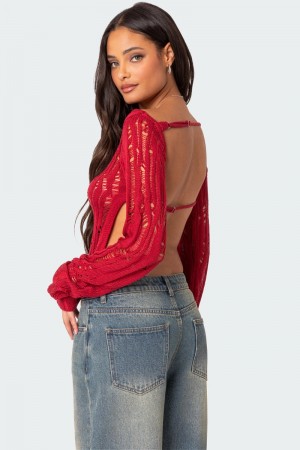 Edikted Rosa Open Back Sheer Knitted Tops Red | USA NB557645S3