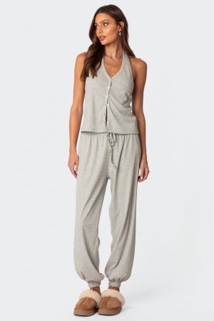 Edikted Rosanna Waffle Pajama Sweatpants Pants Gray Melange | USA BH156045S8
