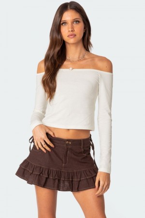 Edikted Rosanne Off Shoulder Long Sleeve Tops White | USA XQ660466G4