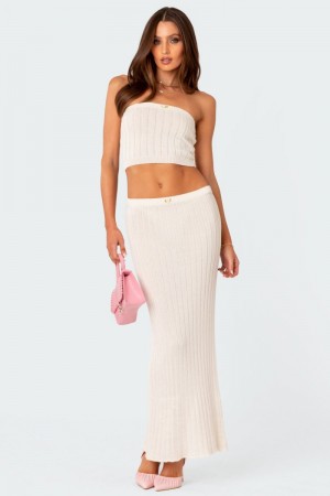 Edikted Rosebud Knit Low Rise Back Slitted Maxi Skirts White | USA PK375397M8